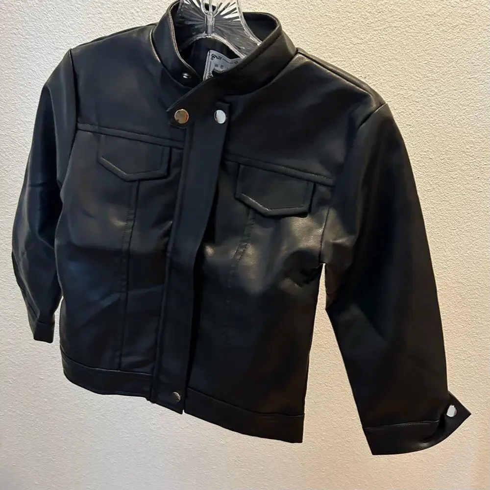 New size 7 kids boy girl pu leather jacket